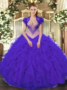 Purple Lace Up Sweetheart Beading and Ruffles Quinceanera Gowns Organza Sleeveless