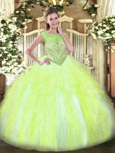 Fine Scoop Sleeveless Lace Up Sweet 16 Dresses Yellow Green Organza