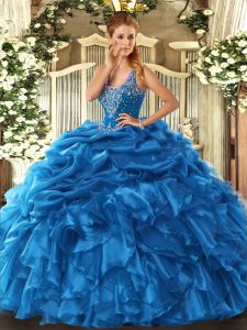 Custom Fit Sleeveless Floor Length Beading and Ruffles and Pick Ups Lace Up Quinceanera Gowns with Blue