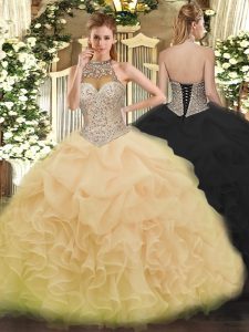 Champagne Halter Top Neckline Beading and Ruffles and Pick Ups Quince Ball Gowns Sleeveless Lace Up