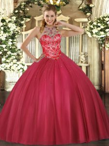 Coral Red Satin Lace Up Halter Top Sleeveless Floor Length Sweet 16 Dresses Beading