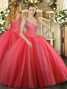 Coral Red Sleeveless Tulle Lace Up Ball Gown Prom Dress for Military Ball and Sweet 16 and Quinceanera