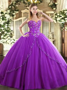 Eggplant Purple Sweet 16 Dress Sweet 16 and Quinceanera with Appliques and Embroidery Sweetheart Sleeveless Brush Train Lace Up