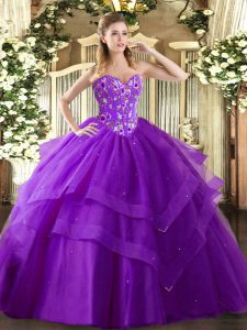 Custom Made Eggplant Purple Sweetheart Neckline Embroidery and Ruffled Layers Ball Gown Prom Dress Sleeveless Lace Up