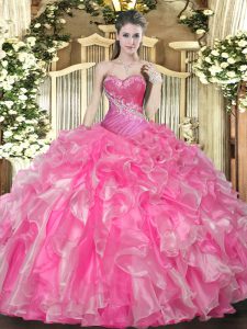 Hot Pink Ball Gowns Beading and Ruffles Sweet 16 Dress Lace Up Organza Sleeveless Floor Length