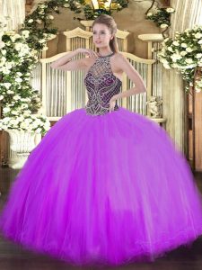 Beauteous Halter Top Sleeveless Sweet 16 Quinceanera Dress Floor Length Beading Lilac Tulle