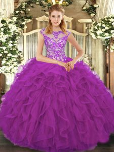 Eggplant Purple Ball Gowns Beading and Ruffles Quince Ball Gowns Lace Up Organza Cap Sleeves Floor Length