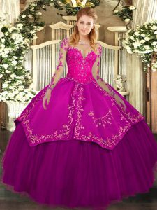 Fuchsia Long Sleeves Organza and Taffeta Lace Up Quinceanera Gowns for Military Ball and Sweet 16 and Quinceanera