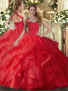 Red Tulle Lace Up Halter Top Sleeveless Floor Length Vestidos de Quinceanera Ruffles