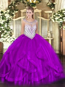 Traditional Scoop Sleeveless Quince Ball Gowns Floor Length Beading and Ruffles Eggplant Purple Tulle