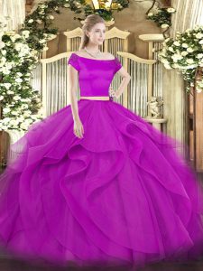 Fuchsia Two Pieces Tulle Off The Shoulder Short Sleeves Appliques and Ruffles Floor Length Zipper Quinceanera Dresses