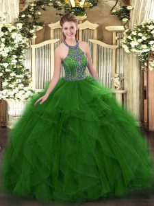 Free and Easy Green Lace Up 15 Quinceanera Dress Beading and Ruffles Sleeveless Floor Length