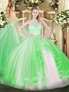 Custom Fit Floor Length Zipper Quince Ball Gowns Green for Military Ball and Sweet 16 and Quinceanera with Lace and Ruffles