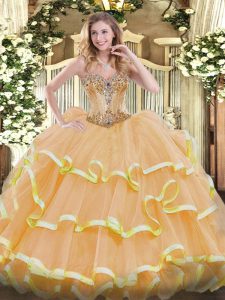 Custom Design Gold Ball Gowns Beading and Ruffles Quinceanera Gown Lace Up Organza Sleeveless Floor Length