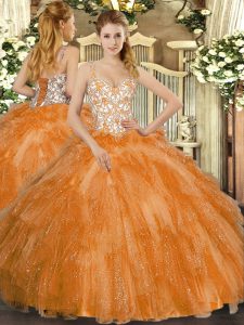 Trendy Orange Straps Neckline Beading and Ruffles Vestidos de Quinceanera Sleeveless Lace Up