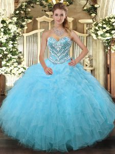 Deluxe Aqua Blue Sleeveless Floor Length Beading and Ruffles Lace Up Sweet 16 Dress