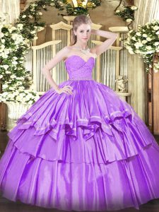 Gorgeous Lilac Quinceanera Gown Military Ball and Sweet 16 and Quinceanera with Beading and Lace and Ruffled Layers Sweetheart Sleeveless Zipper