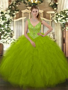 Designer Sleeveless Tulle Floor Length Zipper Ball Gown Prom Dress in Olive Green with Beading and Ruffles