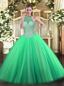 Green Ball Gowns Beading Quinceanera Gown Lace Up Tulle Sleeveless Floor Length