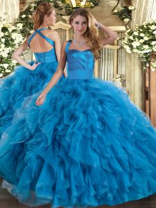 Traditional Blue Lace Up Halter Top Ruffles Vestidos de Quinceanera Tulle Sleeveless