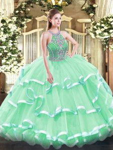 Excellent Ball Gowns Sweet 16 Dress Apple Green Halter Top Tulle Sleeveless Floor Length Lace Up