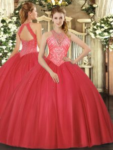 Dramatic Floor Length Red Quinceanera Gown High-neck Sleeveless Lace Up