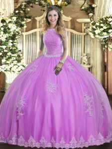 New Arrival Lilac Lace Up High-neck Beading and Appliques Quinceanera Gowns Tulle Sleeveless