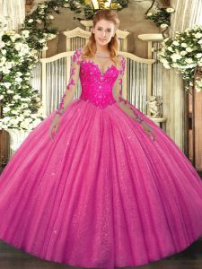 Sumptuous Hot Pink Lace Up Scoop Lace Ball Gown Prom Dress Tulle Long Sleeves