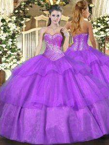 Shining Beading and Ruffled Layers Sweet 16 Dress Lilac Lace Up Sleeveless Floor Length