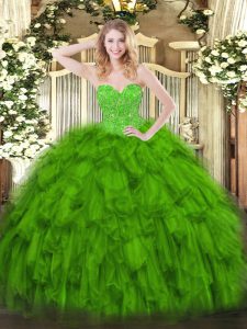 High Class Green Organza Lace Up Sweetheart Sleeveless Floor Length Ball Gown Prom Dress Beading and Ruffles