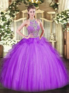 Lavender Lace Up Vestidos de Quinceanera Beading and Ruffles Sleeveless Floor Length