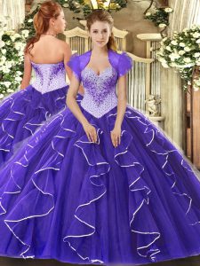 Sweetheart Cap Sleeves Sweet 16 Quinceanera Dress Floor Length Beading Purple Tulle