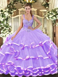 Colorful Organza Straps Sleeveless Lace Up Beading and Ruffled Layers Quinceanera Gowns in Lavender