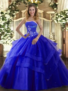 Floor Length Lace Up 15th Birthday Dress Royal Blue for Military Ball and Sweet 16 and Quinceanera with Beading and Ruffled Layers