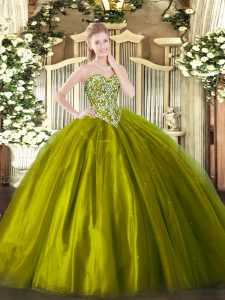 Smart Olive Green Tulle Lace Up Quinceanera Dresses Sleeveless Floor Length Beading
