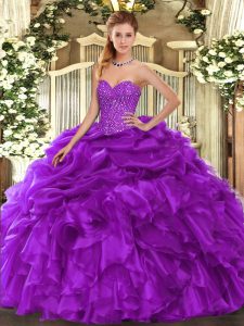 Luxury Purple Sweet 16 Dress Military Ball and Sweet 16 and Quinceanera with Beading and Ruffles and Pick Ups Sweetheart Sleeveless Lace Up