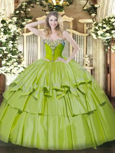 Best Floor Length Lace Up Quinceanera Dresses Olive Green for Military Ball and Sweet 16 and Quinceanera with Beading and Ruffled Layers