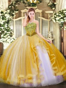 Artistic Floor Length Gold Quinceanera Gowns Strapless Sleeveless Lace Up