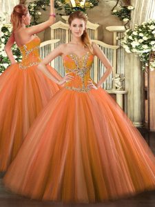 Designer Floor Length Orange Red Vestidos de Quinceanera Tulle Sleeveless Beading
