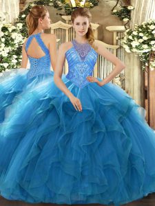 Teal Ball Gowns Organza High-neck Sleeveless Beading and Ruffles Floor Length Lace Up Sweet 16 Quinceanera Dress