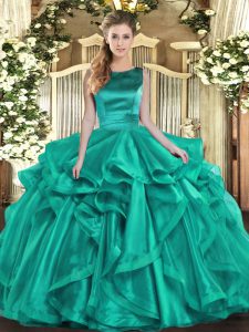 Custom Made Ruffles Quinceanera Gown Turquoise Lace Up Sleeveless Floor Length