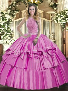 Traditional High-neck Sleeveless 15th Birthday Dress Floor Length Beading and Ruffled Layers Lilac Organza and Taffeta