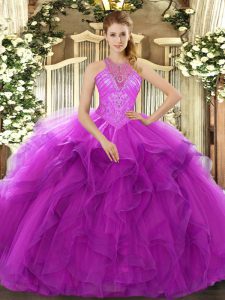 High Quality Sleeveless Organza Floor Length Lace Up Sweet 16 Quinceanera Dress in Fuchsia with Beading and Ruffles