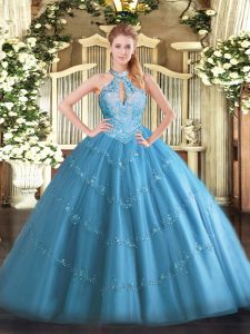 Baby Blue Sweet 16 Dress Military Ball and Sweet 16 and Quinceanera with Beading Halter Top Sleeveless Lace Up