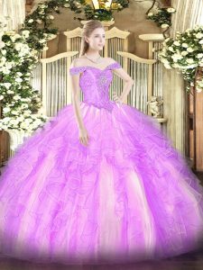 Dramatic Ball Gowns Quinceanera Gowns Lilac Off The Shoulder Tulle Sleeveless Floor Length Lace Up