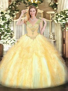 Gold V-neck Neckline Beading and Ruffles Ball Gown Prom Dress Sleeveless Lace Up