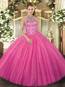 Fantastic Hot Pink Tulle Lace Up Ball Gown Prom Dress Sleeveless Floor Length Beading and Embroidery