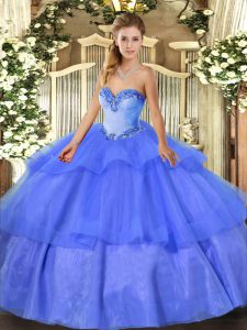 New Arrival Blue Sleeveless Floor Length Beading and Ruffled Layers Lace Up Sweet 16 Dresses