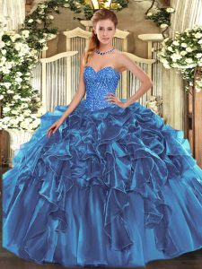 Noble Blue Sweetheart Neckline Beading and Ruffles Quince Ball Gowns Sleeveless Lace Up