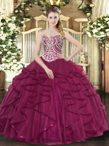 Discount Sweetheart Sleeveless Tulle Quince Ball Gowns Beading and Ruffles Lace Up
